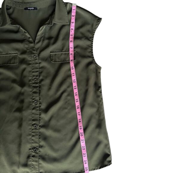 Lotusmile Olive Green Button-Down Blouse | Cap Sleeves, Pockets, Size Large - Picture 6 of 8